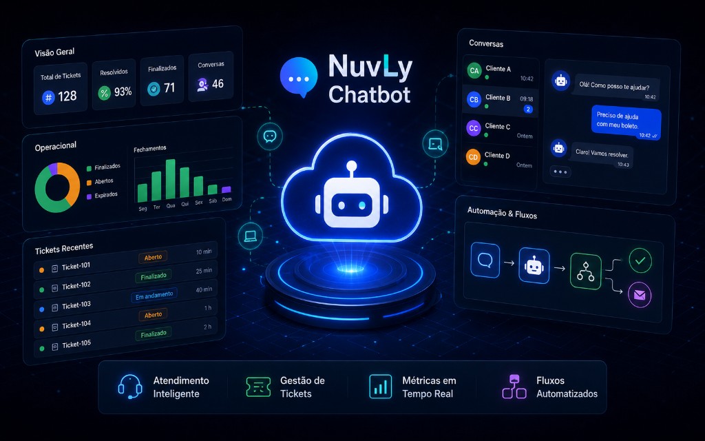 NuvLy Chatbot — dashboard de atendimento via WhatsApp com tickets, conversas e automação