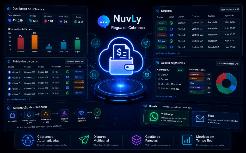 Dashboard de cobrança NuvLy — régua de cobrança, prévia de disparos, automação, gestão de parcelas e canais WhatsApp e e-mail